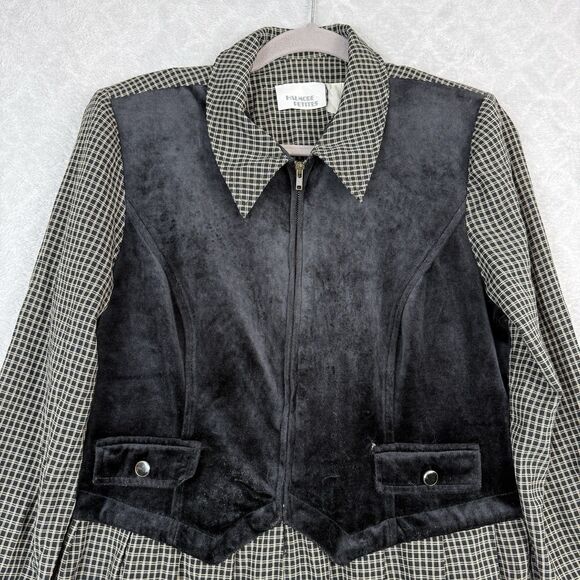 Vtg Shirt Dress Petite Large Black Tan Velvet Vest Grunge Cottage Modest 80s 90s - Picture 2 of 14